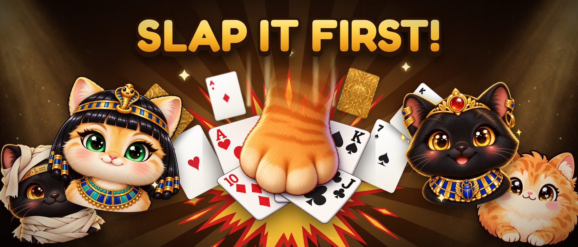 An orange cat paw slaps a pile of playing cards while cute Egyptian cats watch