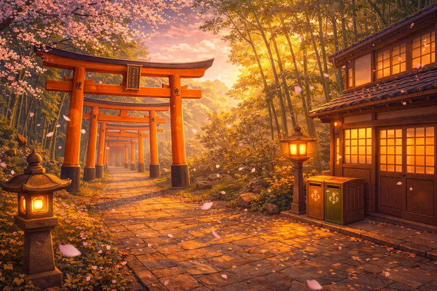 A torii gate path in Kyoto at sunset.