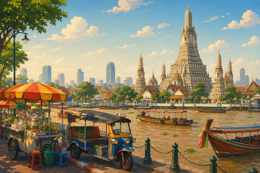 Wat Arun and a tuk-tuk on the river in Bangkok.