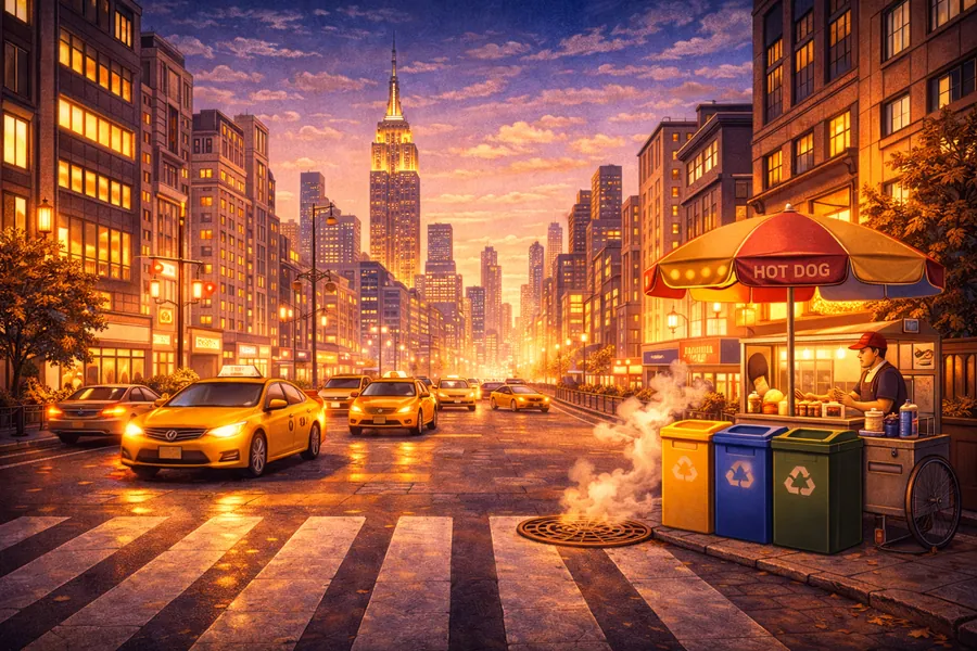 A New York street with yellow taxis at golden hour.