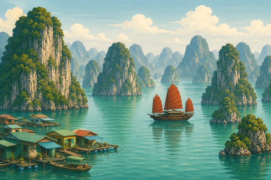 Limestone islands and a red-sailed junk in Ha Long Bay.