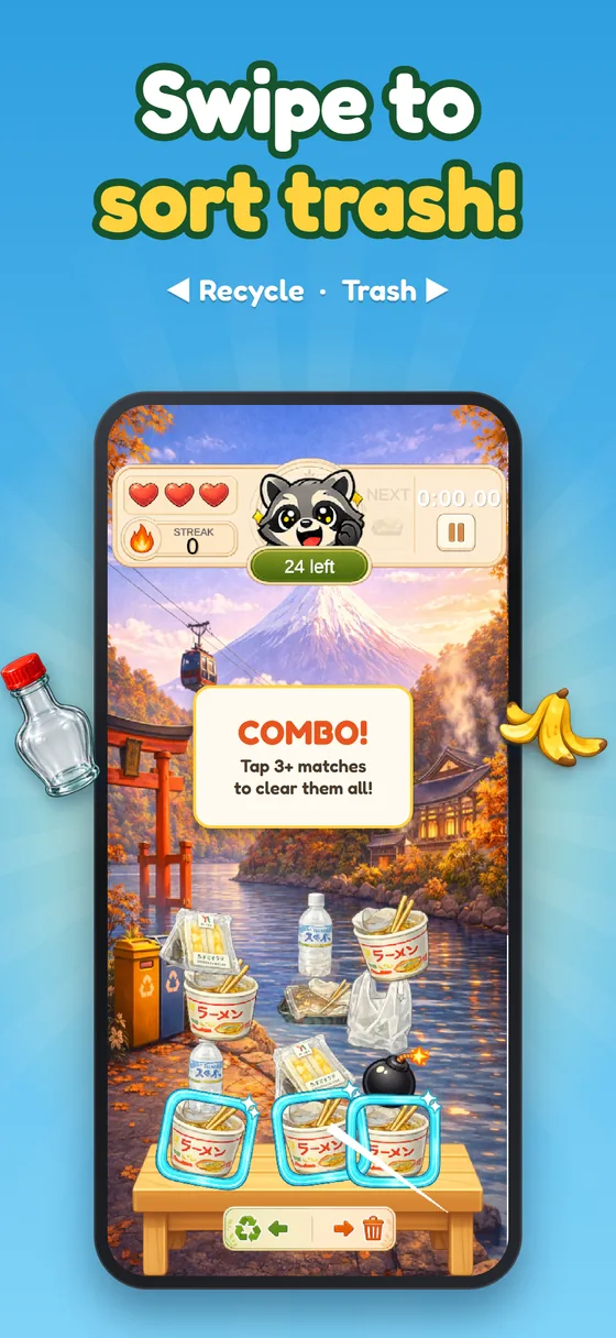 Gameplay in Hakone: tap three or more matching items to clear them all in a combo.