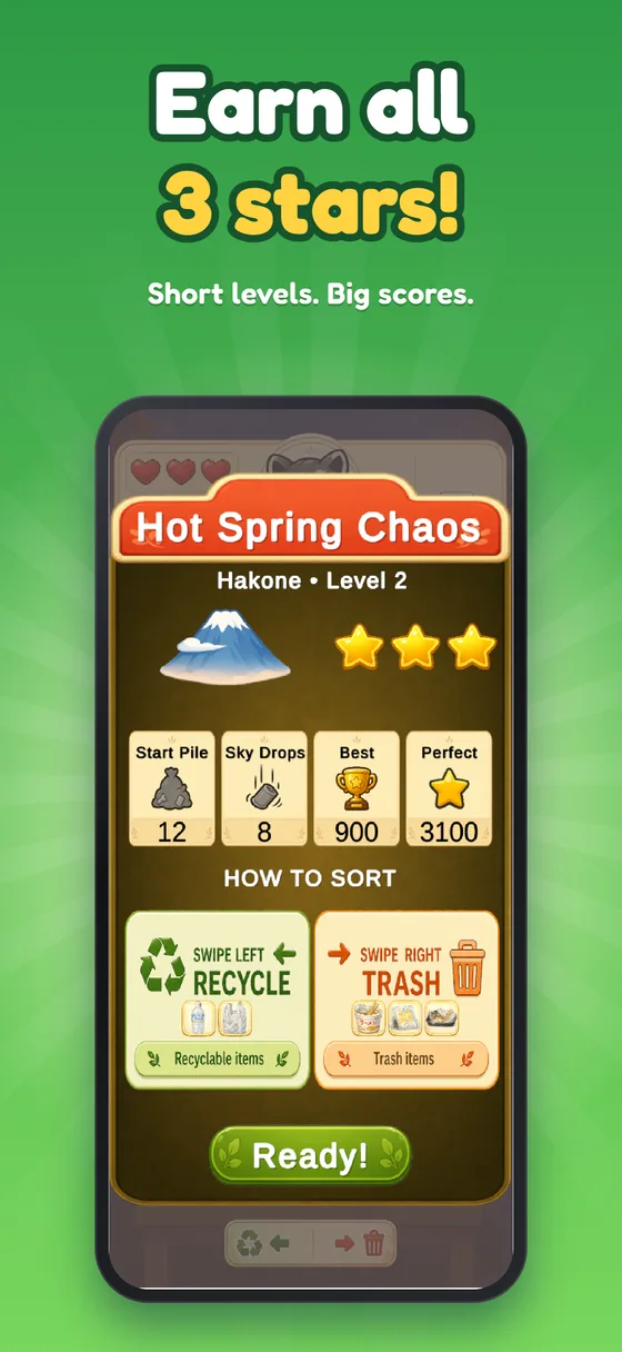 A level preview showing three stars and how to sort.